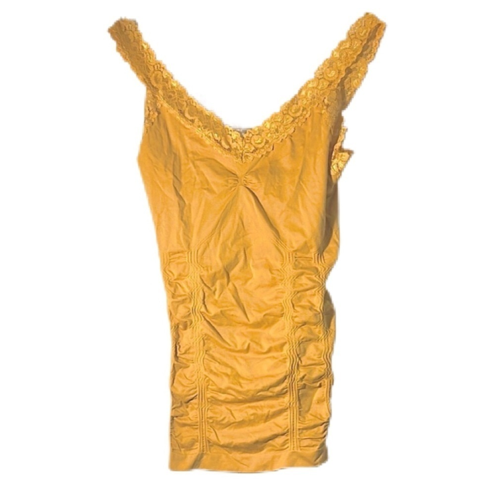 Yellow Ruched Lace Trim Cami Tank Top